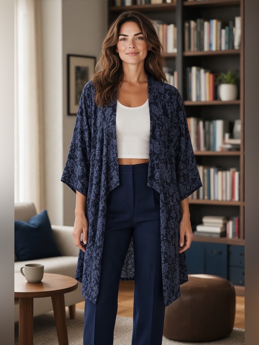 Tahari, Floral Kimono Cardigan, L/XL Navy & Blue Gray Open-Front Duster